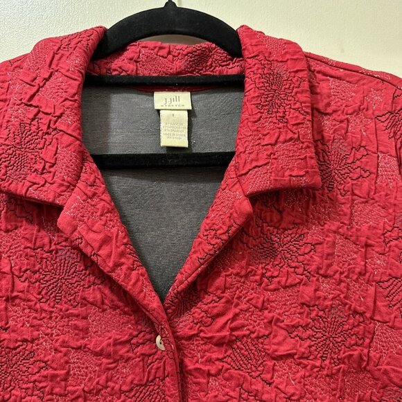 2/$30 J Jill Stretch Embroidered Button Up Thick Shirt Shacket L Red Stretch - Picture 10 of 12